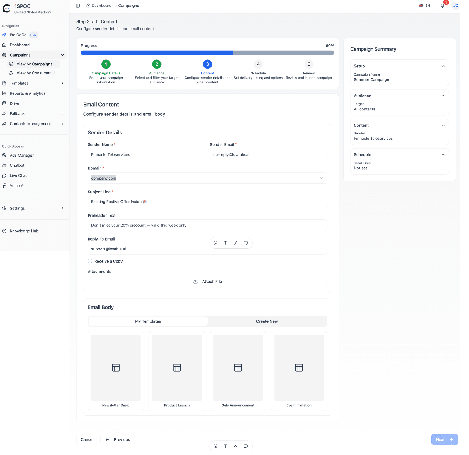 Email Platform interface