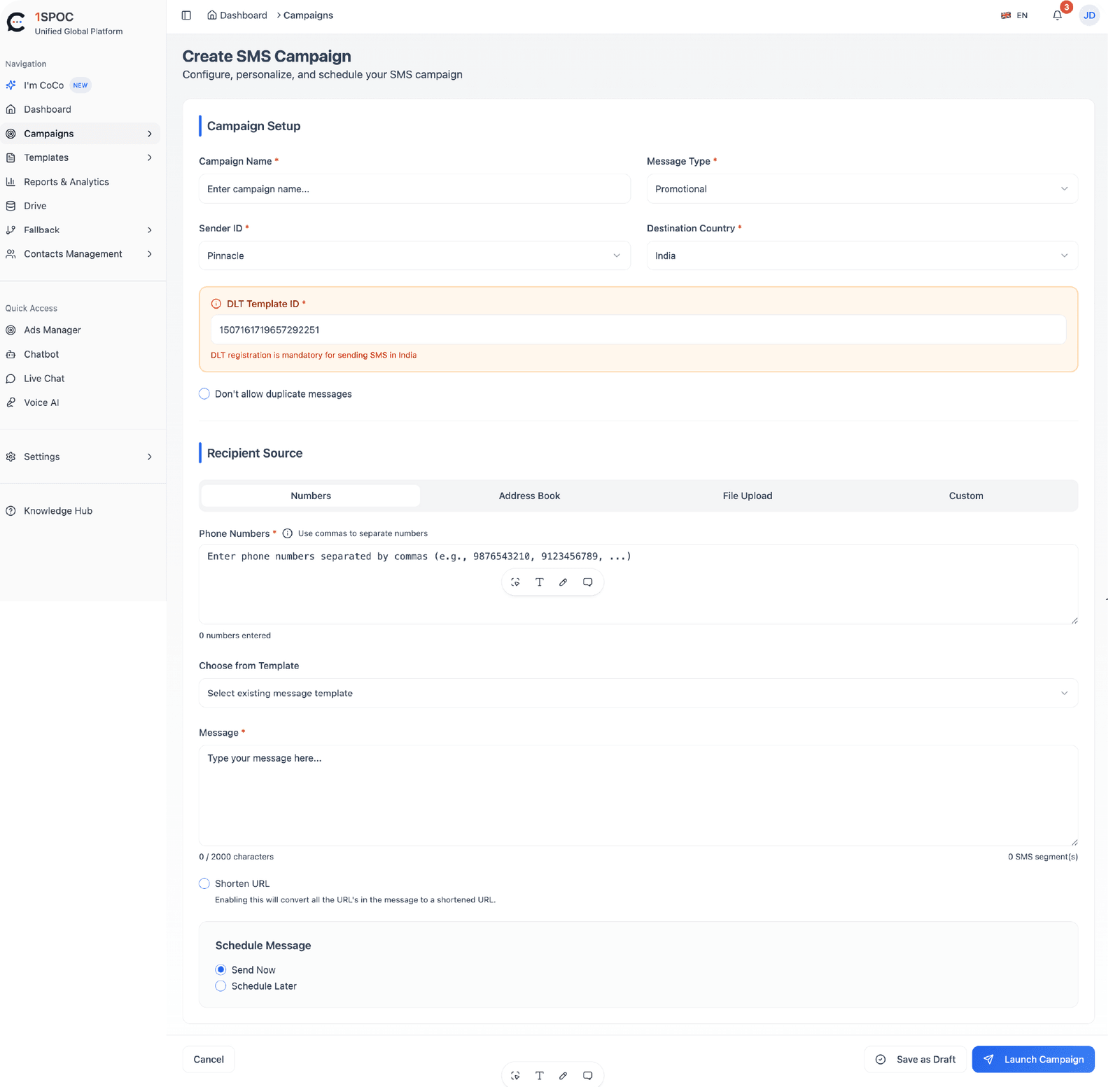 SMS Platform interface