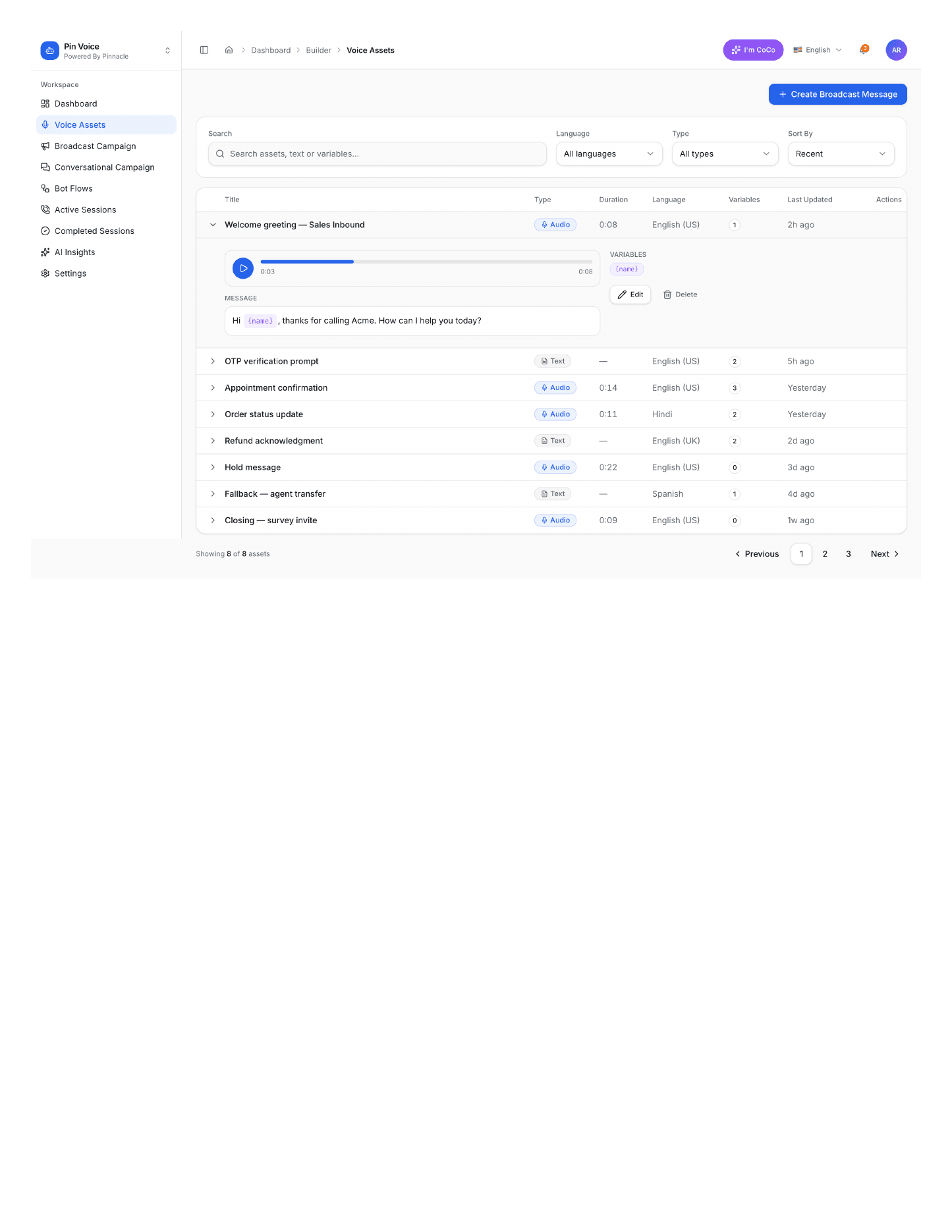 Voice Asset Management interface